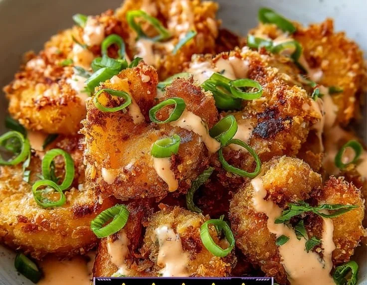 Delicious Air Fryer Bang Bang Shrimp served with spicy dipping sauce.