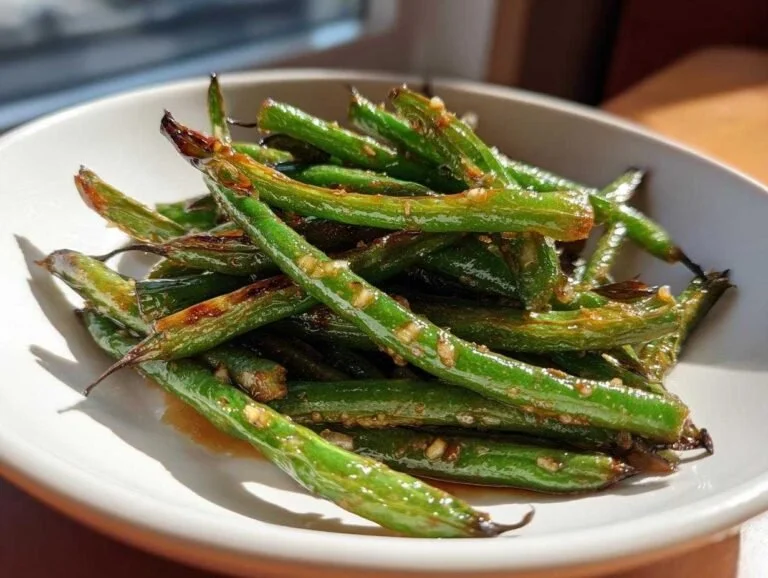 Plate of amazing Chinese green beans in garlic sauce served with chopsticks