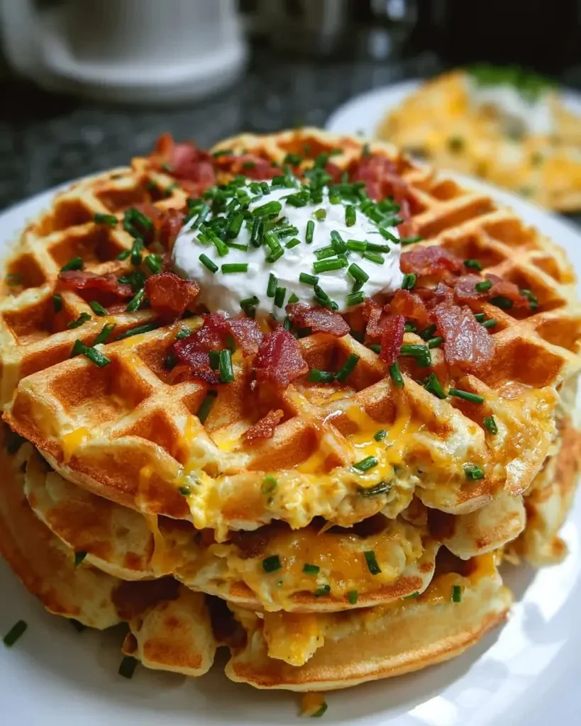 Savory bacon and cheese loaded waffles topped with crispy bacon and melted cheese.
