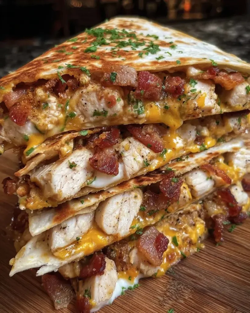 Delicious Bacon Chicken Quesadillas with chipotle ranch dressing