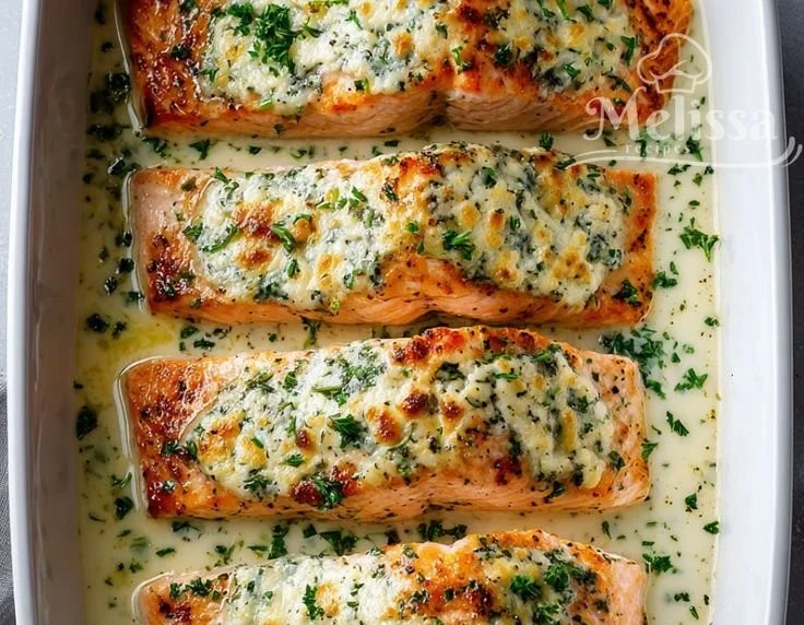 Baked Boursin Salmon served with herbs on a white plate for a delicious weeknight dinner