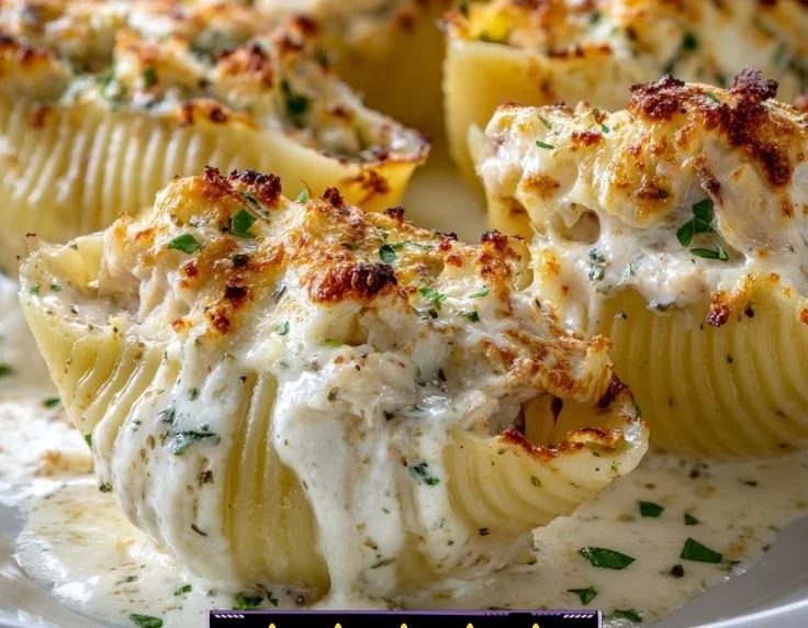 Delicious Baked Chicken Alfredo Stuffed Shells topped with melted cheese