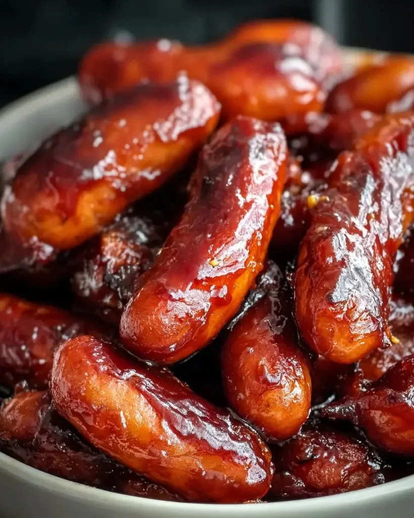 BBQ cocktail sausages in a crock pot ready for serving.