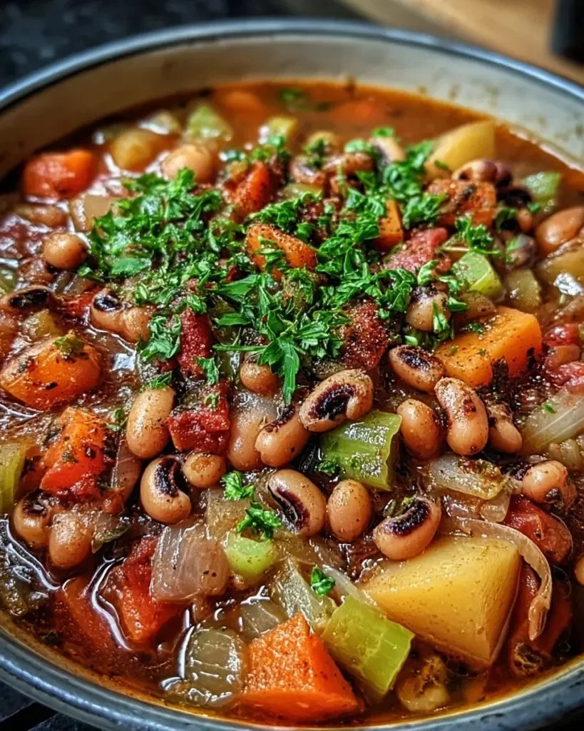 Delicious Black-Eyed Pea Stew garnished with herbs and spices
