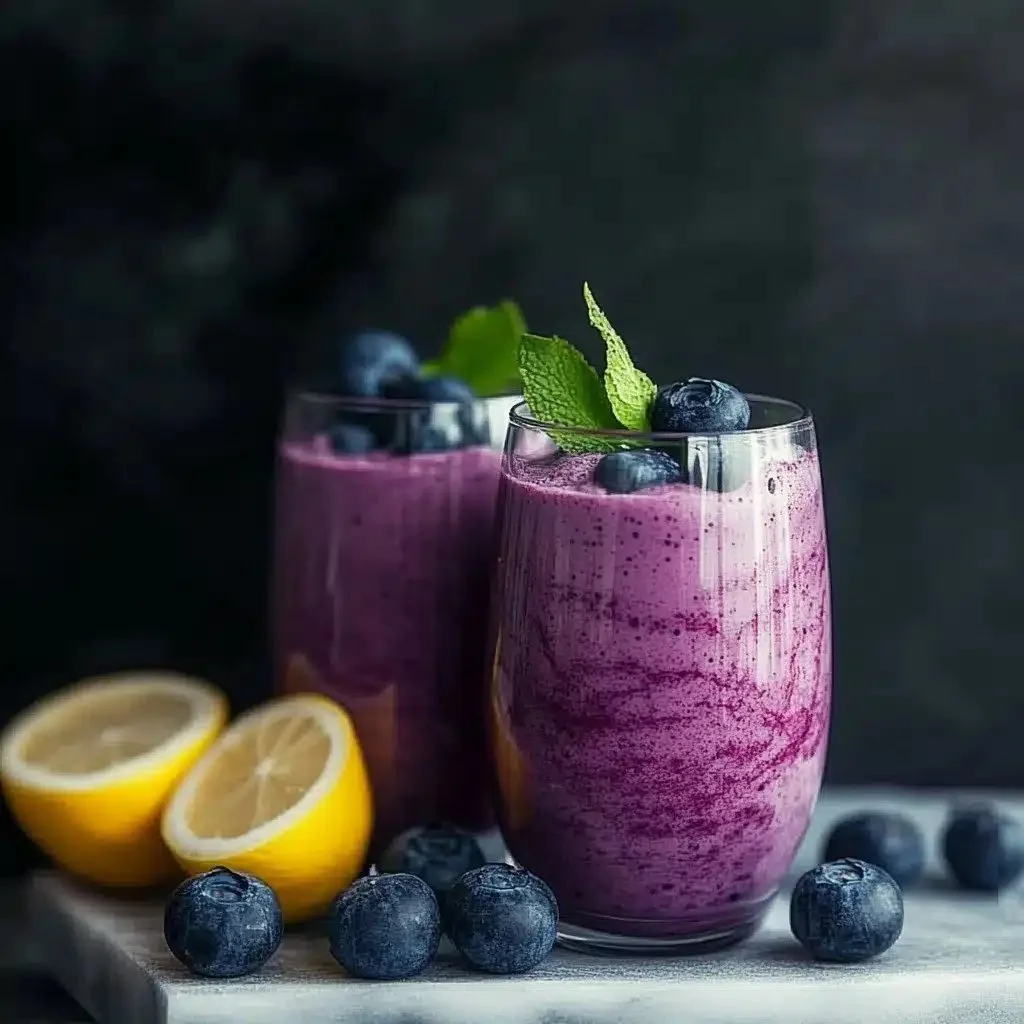 A delicious blueberry avocado smoothie in a glass with fresh blueberries on top