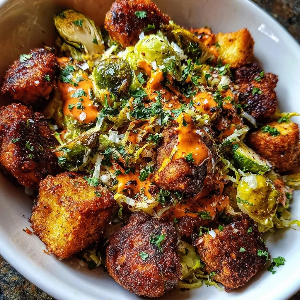 Buffalo Bites Bowl topped with crispy potatoes and shaved Brussels sprouts