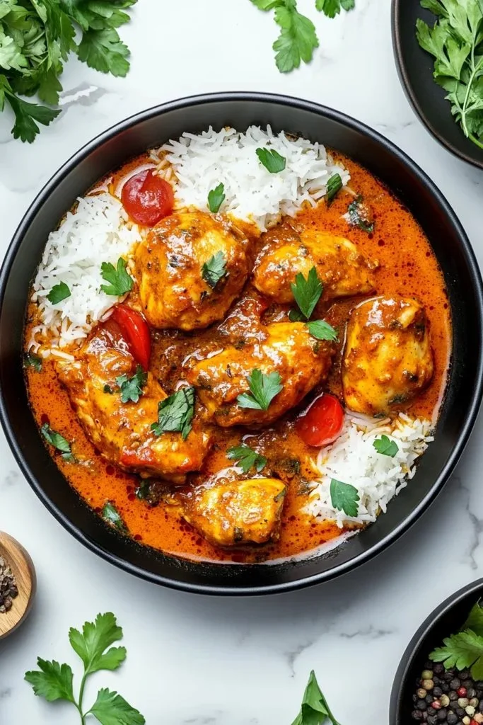Delicious Butter Chicken served with rice and naan in a vibrant dish.