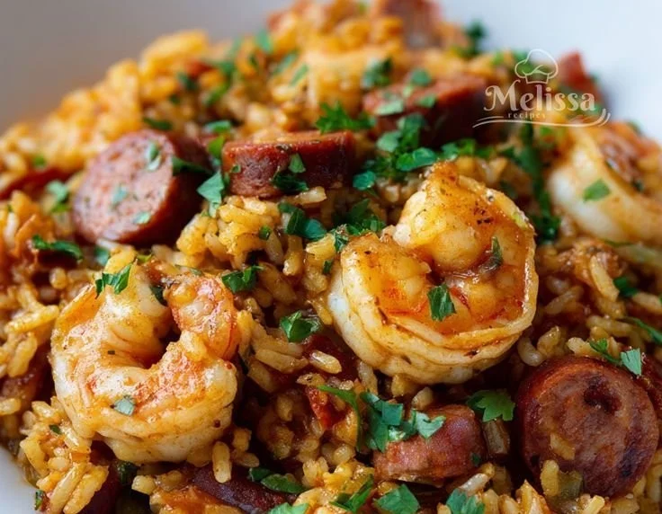 Bowl of flavorful Cajun Jambalaya with rice, shrimp, and sausage garnished with herbs