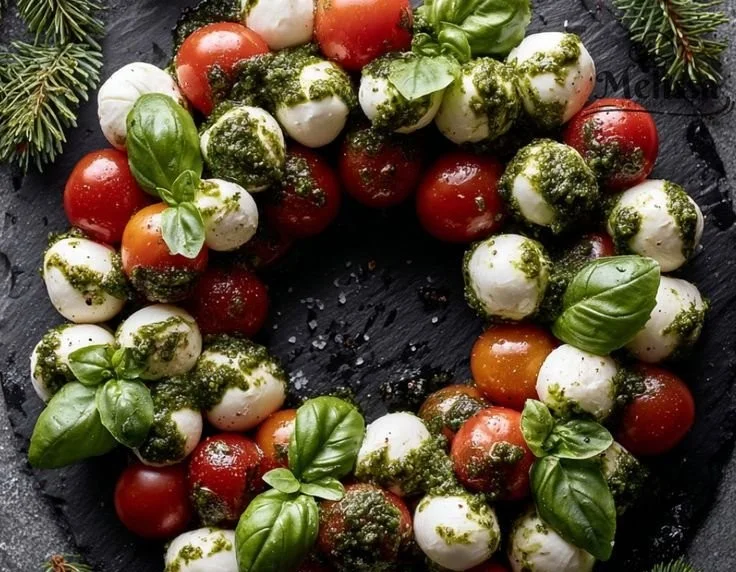 Delicious Caprese Christmas wreath made with fresh mozzarella, tomatoes, and basil.