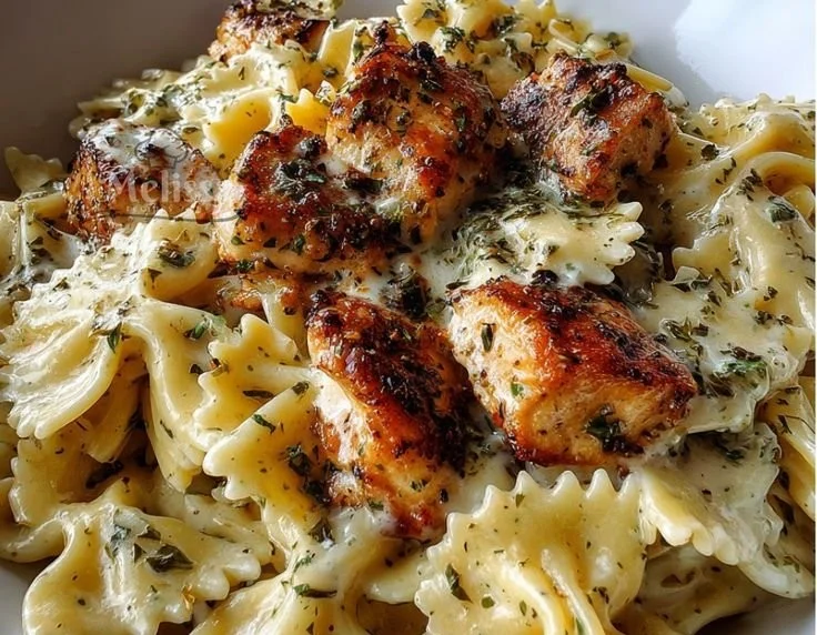 Cheesy Garlic Butter Chicken Bowties with Mozzarella Cream Sauce on a plate