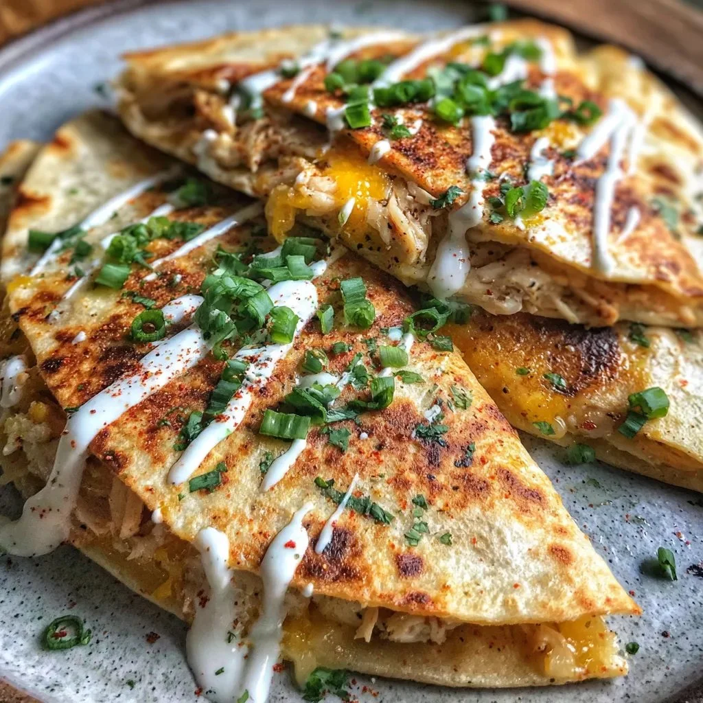 Cheesy hot honey chicken quesadillas served with spicy jalapeño cream sauce.