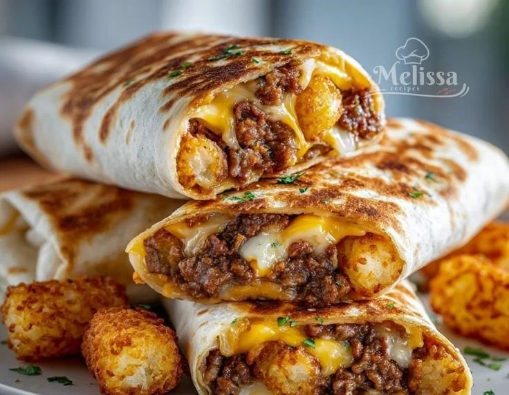 Cheesy potato burritos wrapped in a soft tortilla with melted cheese.