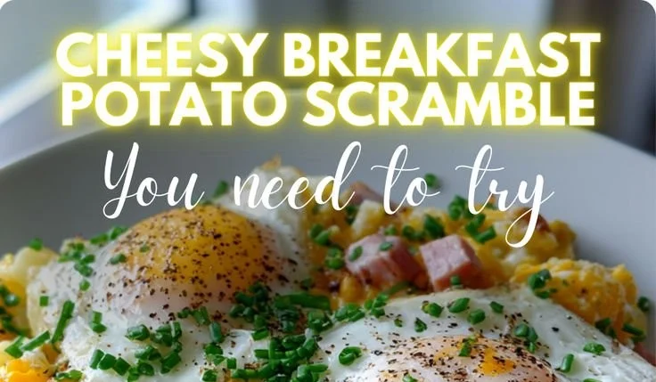 Cheesy potato egg scramble served in a bowl topped with fresh herbs