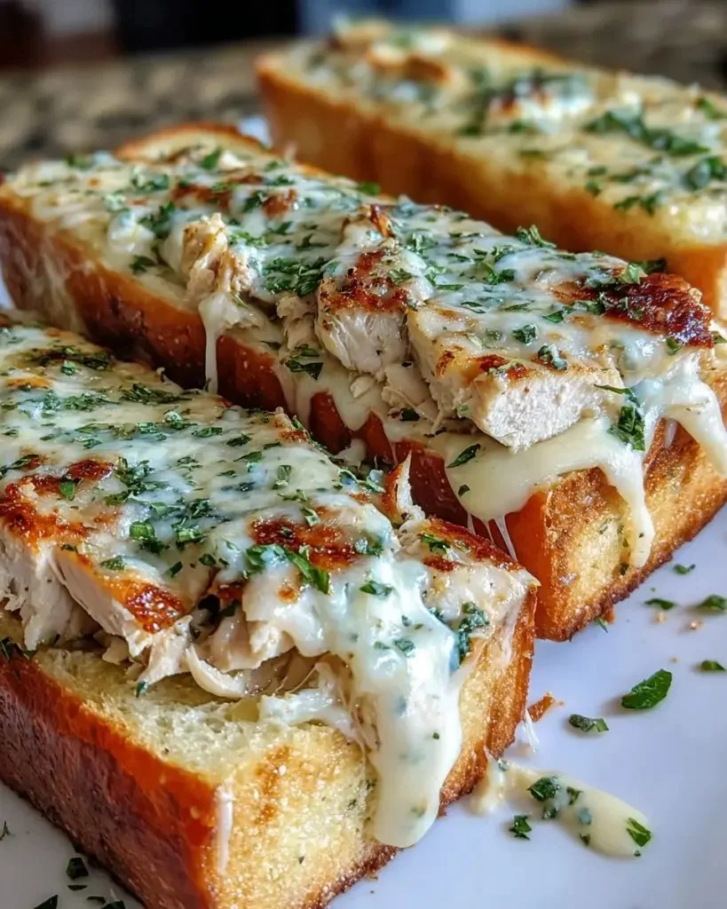 Delicious Chicken Alfredo served with garlic bread for a savory meal