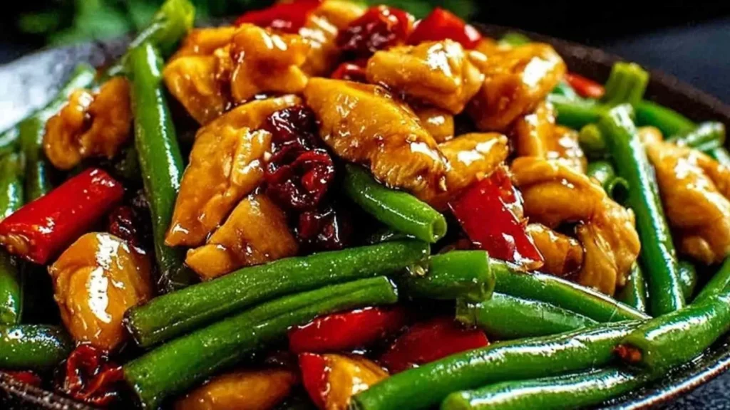 Chicken and green bean stir fry served in a bowl with chopsticks.