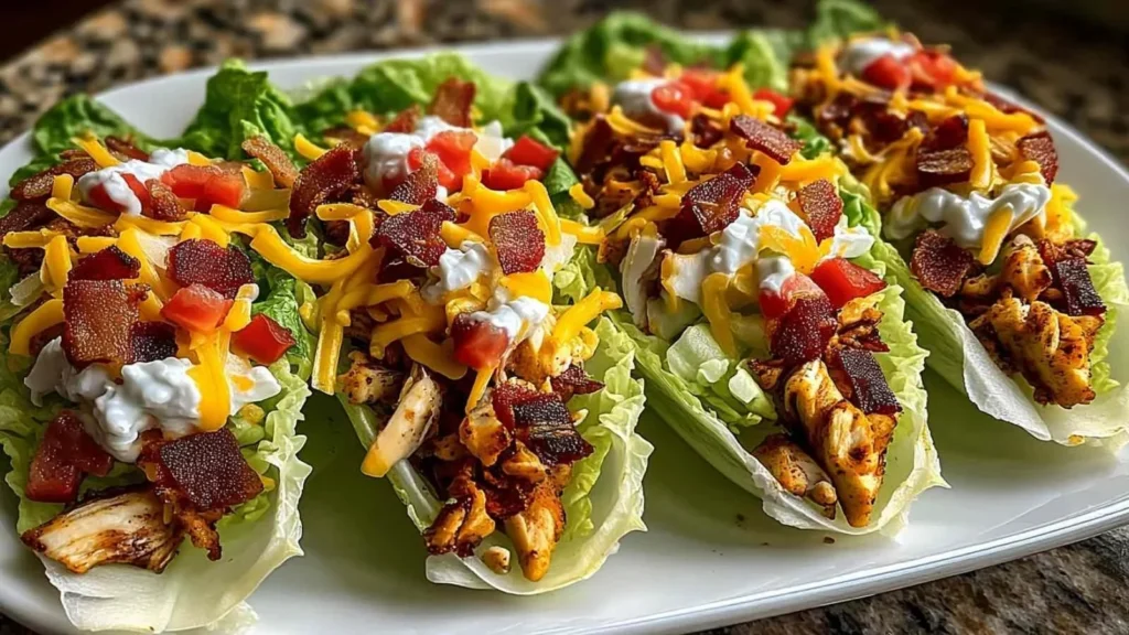 Chicken Bacon Ranch Lettuce Boats topped with chicken, bacon, and ranch dressing.