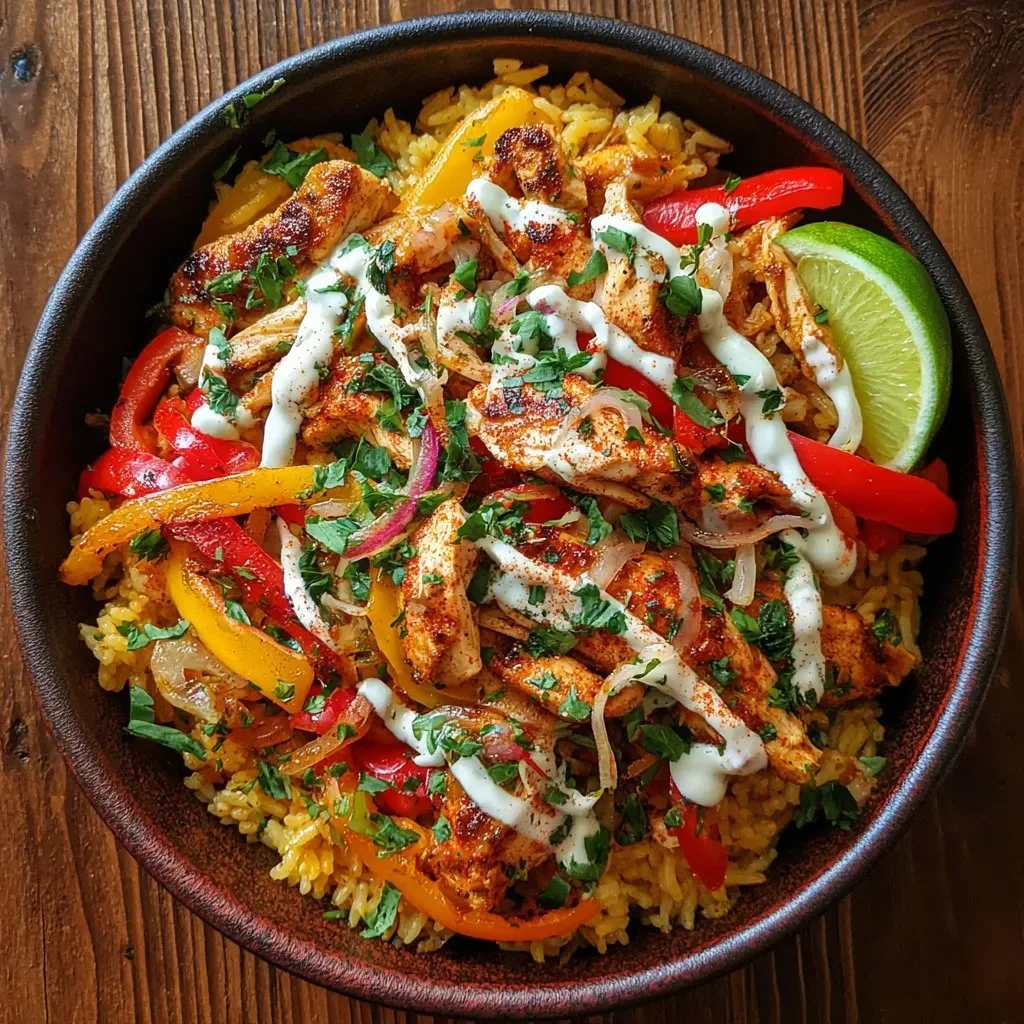 Delicious Chicken Fajita Rice Bowls with colorful peppers and chicken