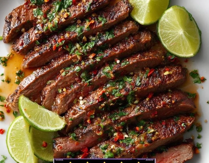 Delicious chili lime flank steak garnished with fresh cilantro