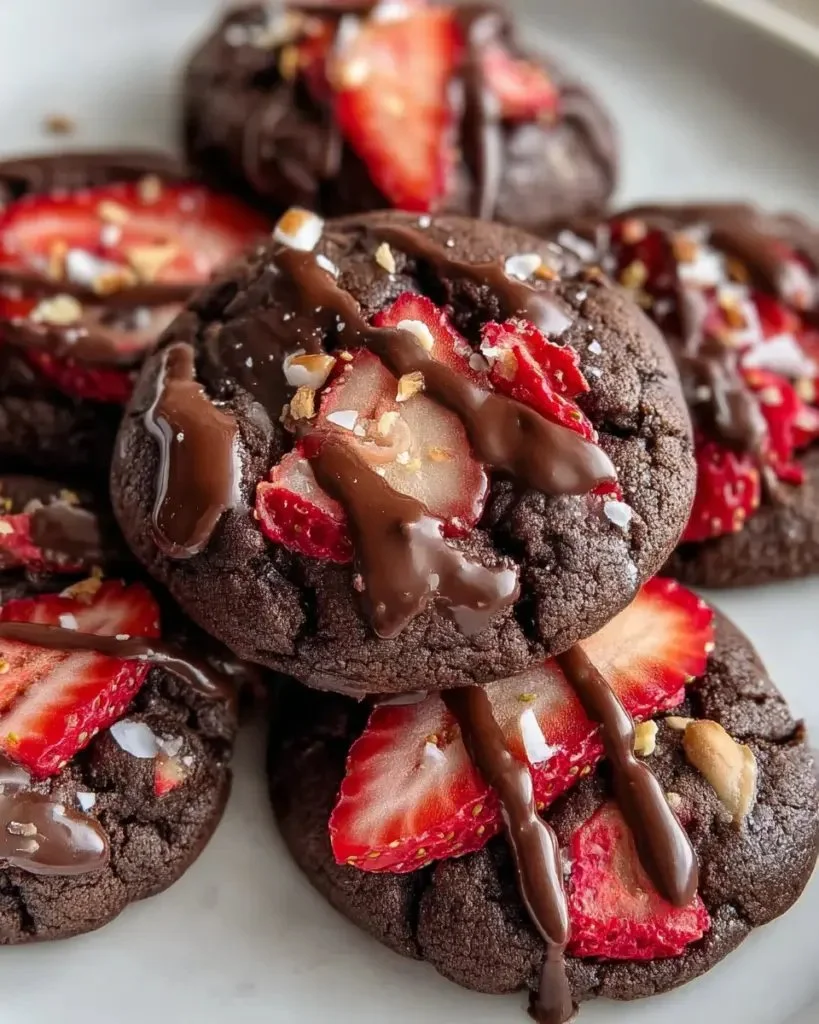 Plate of chocolate covered strawberry cookies with fresh berries
