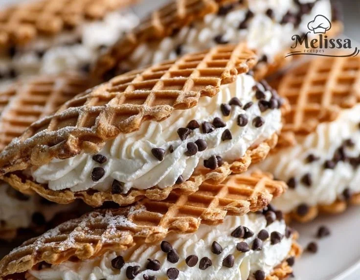 Chocolate Pizzelles filled with creamy Cannoli filling on a rustic wooden surface.