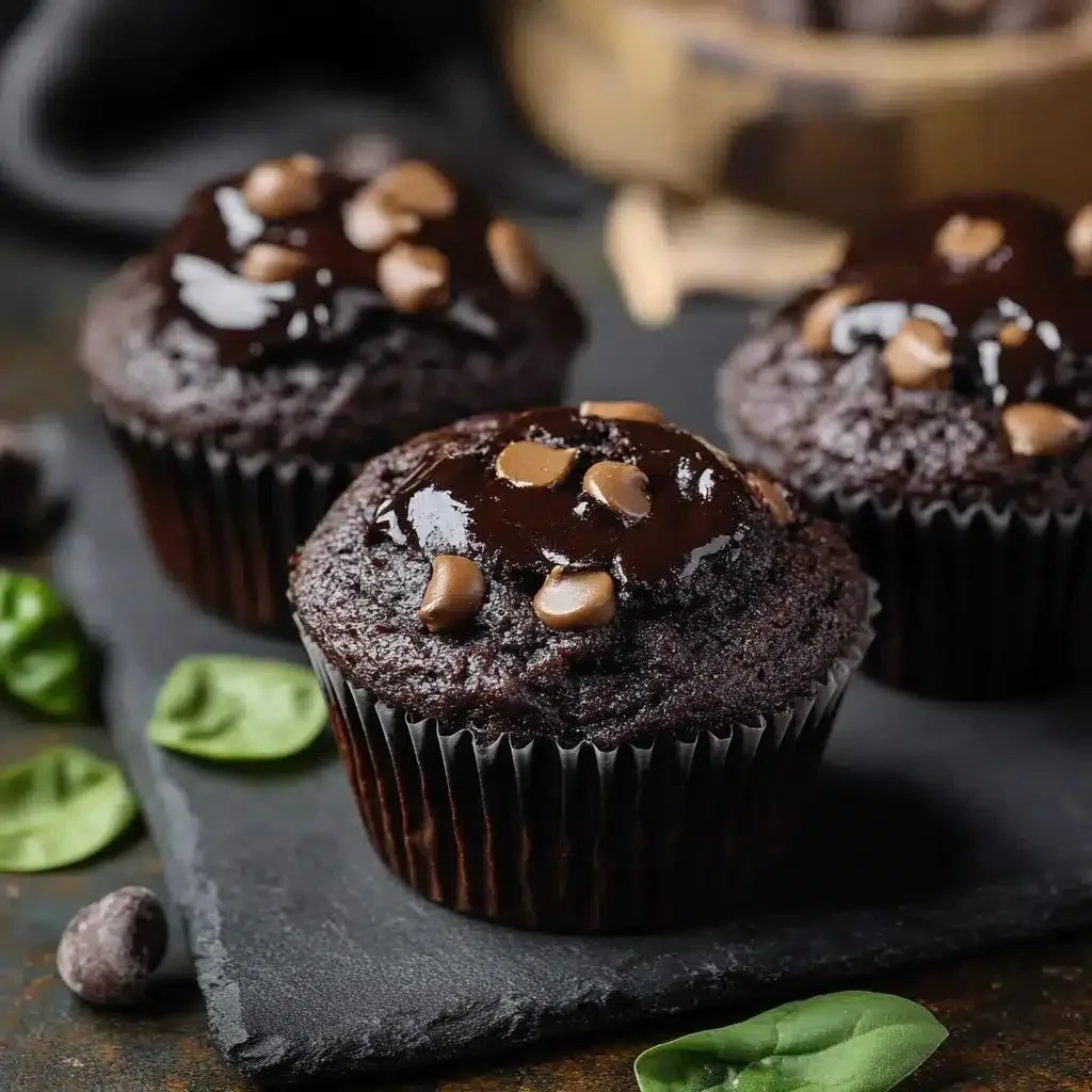 Delicious chocolate spinach muffins served on a plate