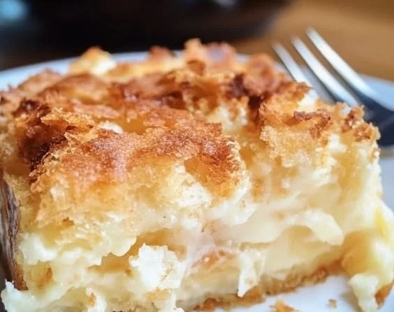 Coconut Cheesecake Bread Pudding with a creamy, golden topping