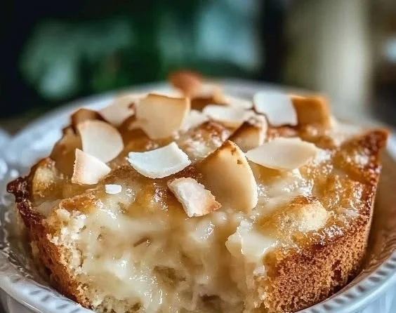 Delicious coconut cream bread pudding served in a bowl with a sprinkle of coconut on top