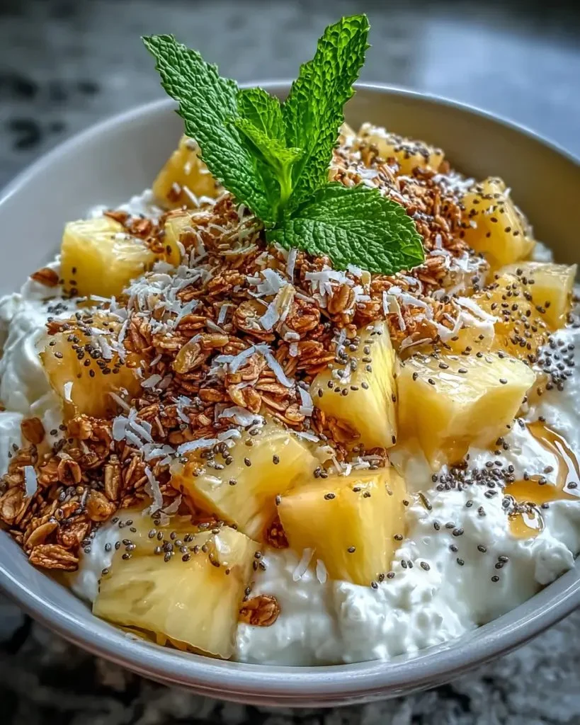 Cottage Cheese Pineapple Granola Bowl topped with fresh pineapple and granola