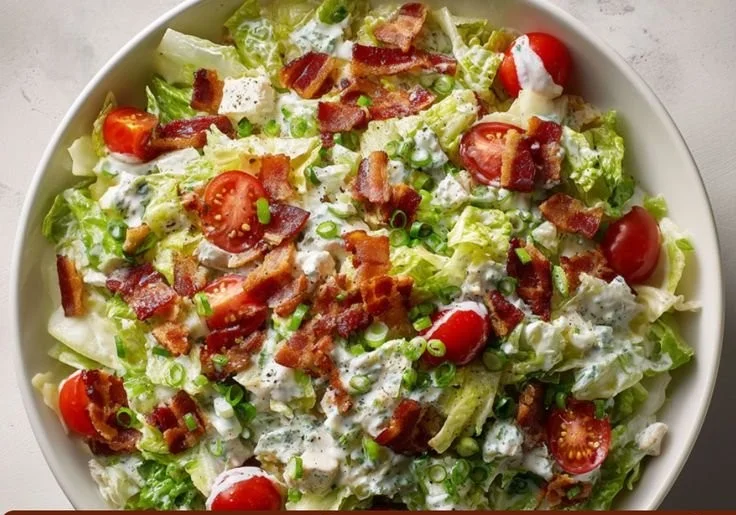 Cottage cheese ranch salad with fresh vegetables and dressing