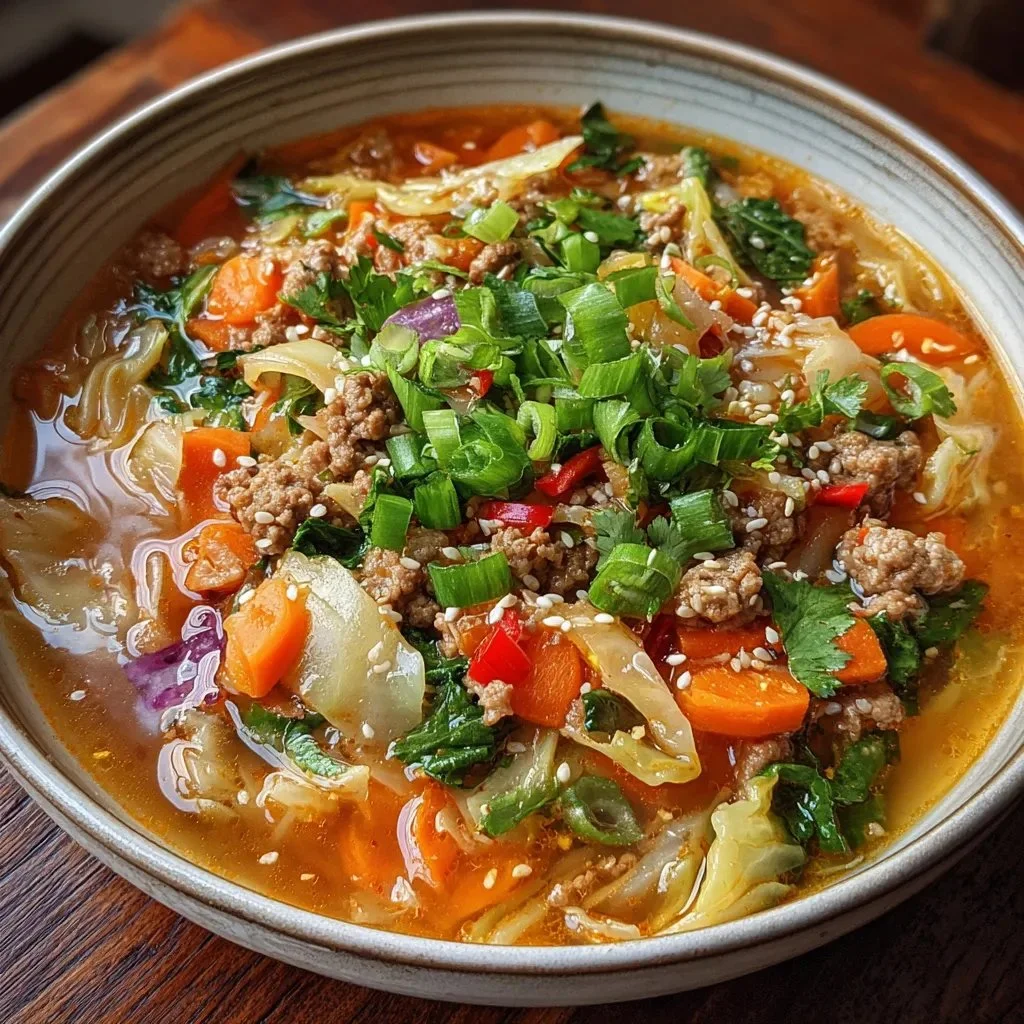 Delicious bowl of cozy one-pot egg roll soup with fresh vegetables