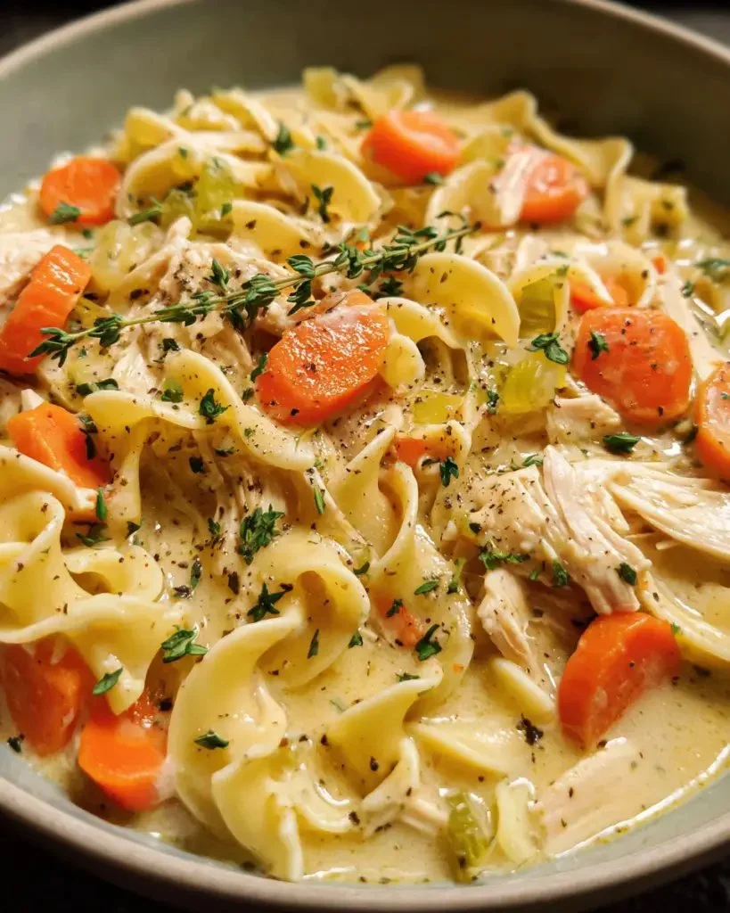 Creamy chicken noodle soup in a bowl with herbs and noodles.