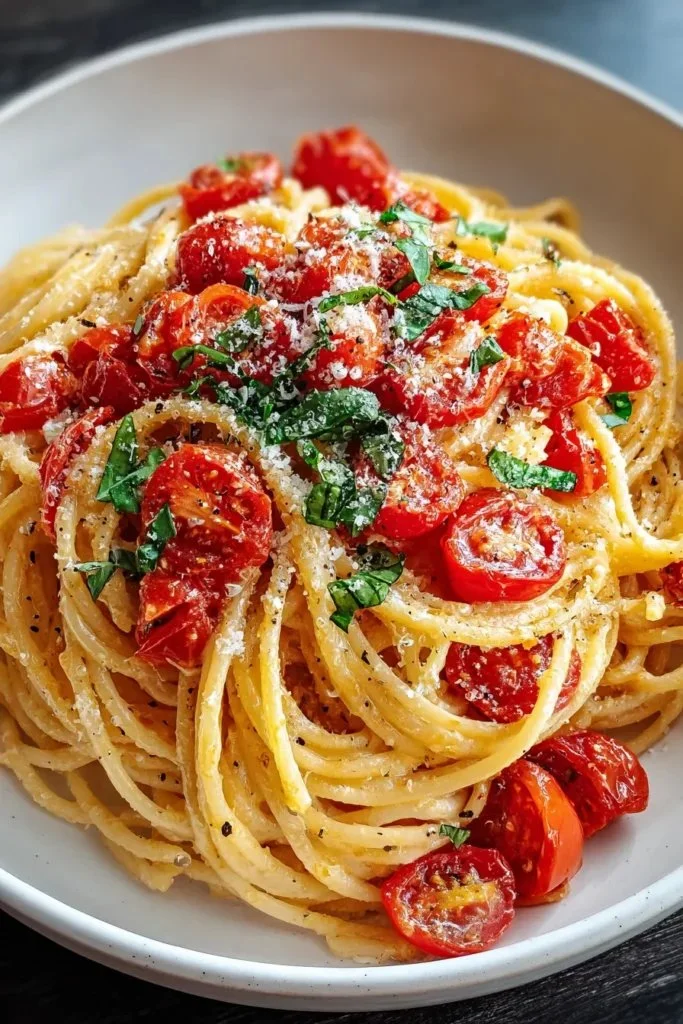 Creamy fresh tomato garlic pasta garnished with herbs and cheese
