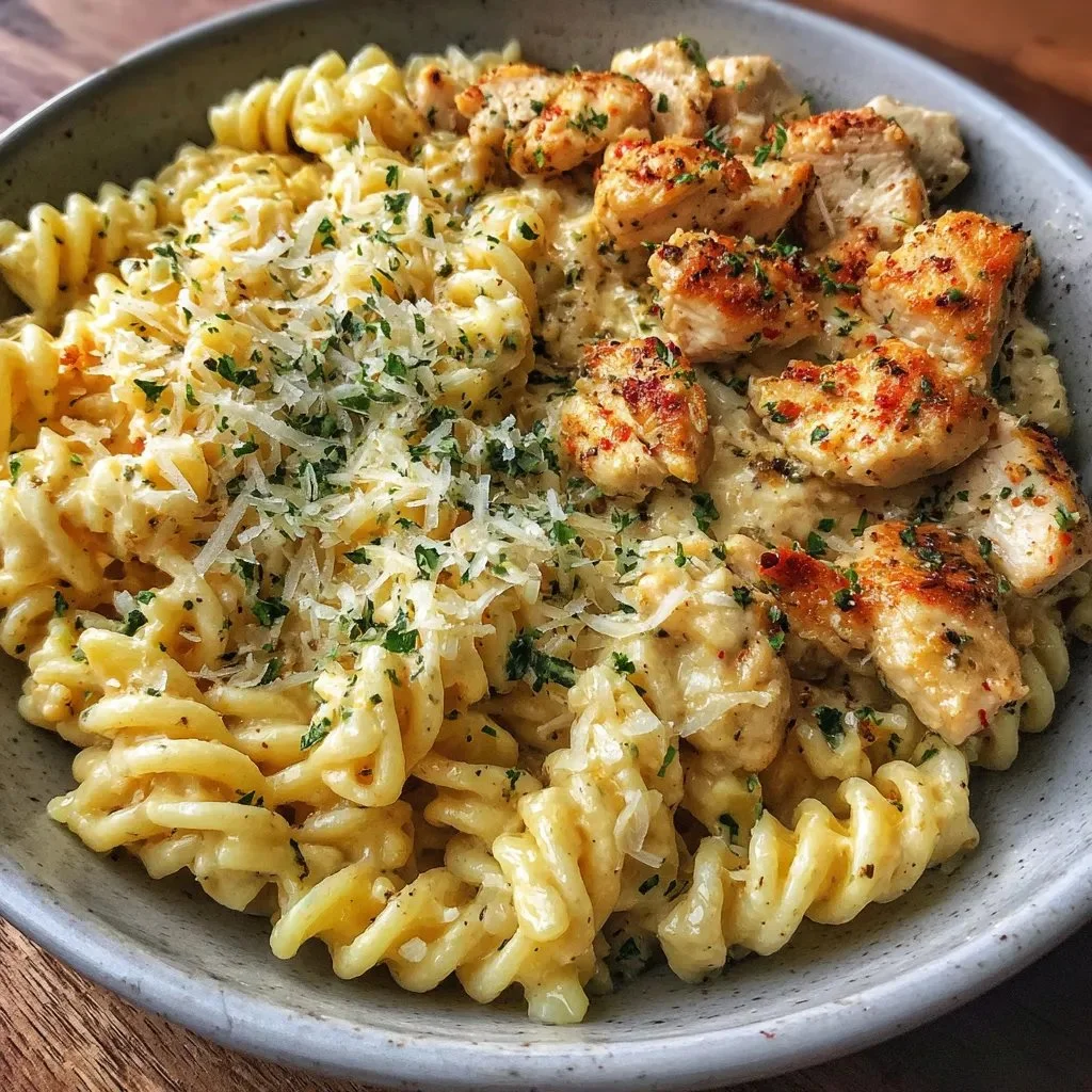 Creamy Garlic Parmesan Chicken with Cheesy Twisted Pasta plated for dinner