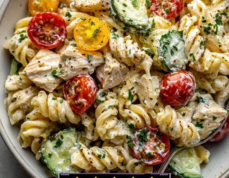 Creamy Ranch Cottage Cheese Pasta Salad in a bowl with fresh ingredients.