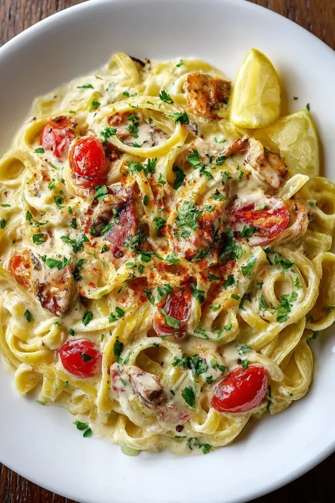 Creamy rattlesnake pasta with spicy sauce and herbs