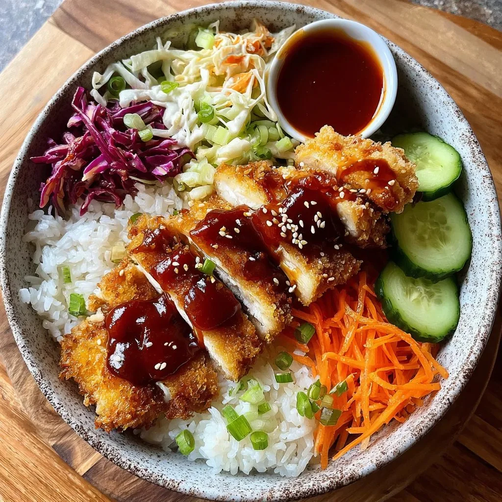 Crispy Japanese katsu bowls topped with fresh ingredients and served with rice