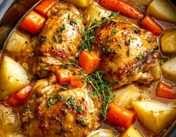 Crockpot chicken pot roast served with vegetables and herbs in a rustic dish.