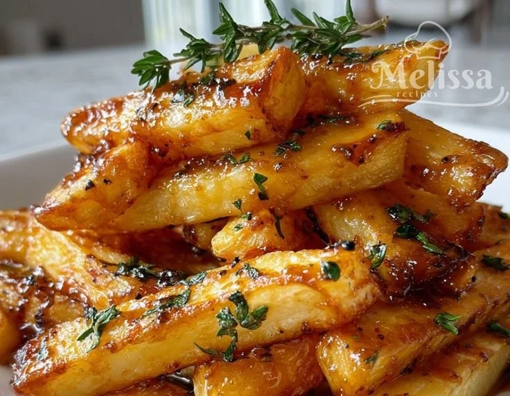 Plate of maple roasted parsnips with thyme, beautifully presented for a cozy meal.