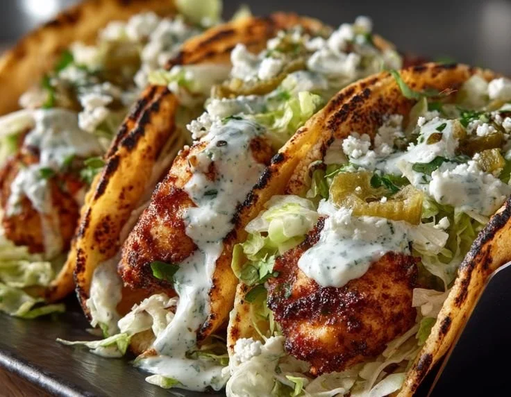 Dill Pickle Ranch Smash Chicken Tacos topped with crispy cheese lace