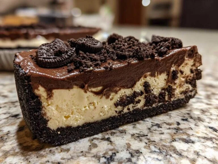 Delicious no-bake Oreo pie topped with crushed Oreos and whipped cream.