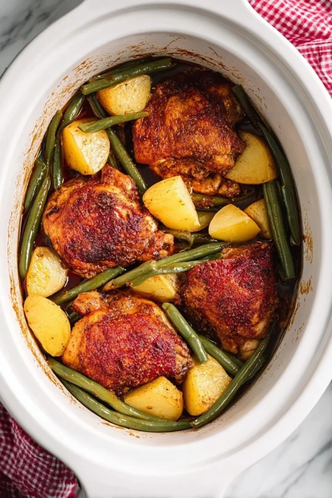 Succulent chicken thighs with potatoes and green beans on a plate