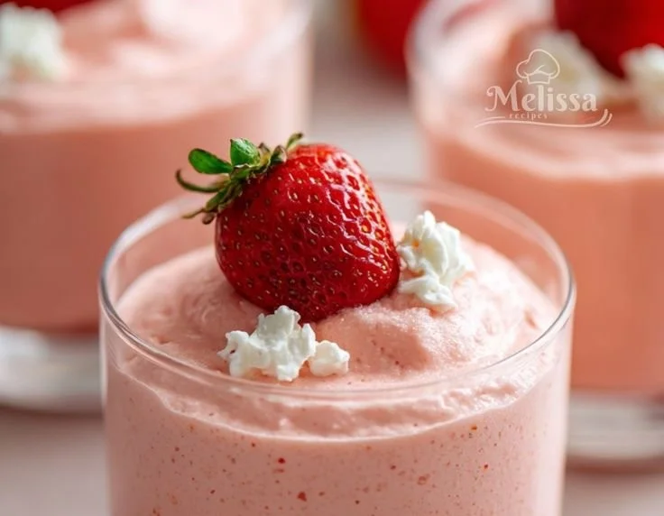 Delicious fresh strawberry mousse in a glass with strawberries on top