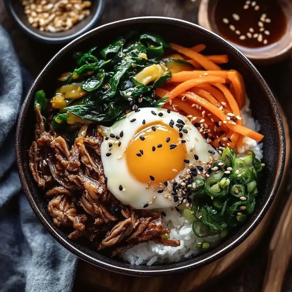 A colorful bowl of easy Korean Bibimbap with fresh vegetables and rice.