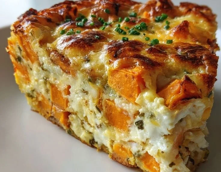 Easy Sweet Potato Egg Casserole topped with herbs and spices
