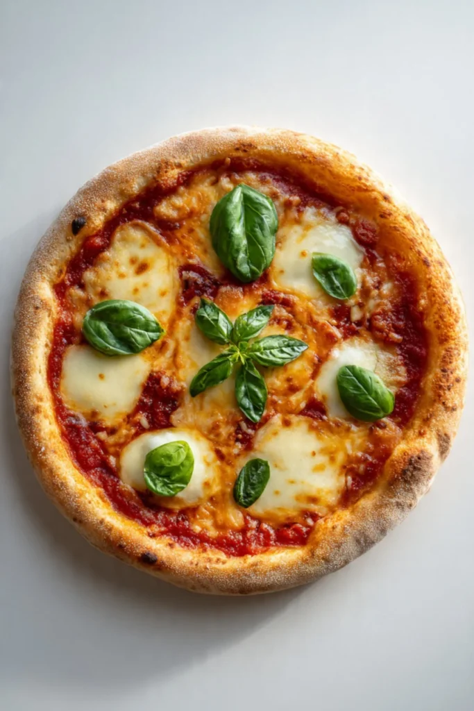 Extra Creamy Pizza Margherita topped with fresh basil and mozzarella cheese