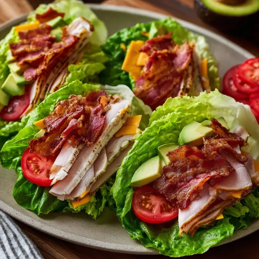 Keto Turkey Club Lettuce Wraps with fresh turkey, lettuce, and toppings