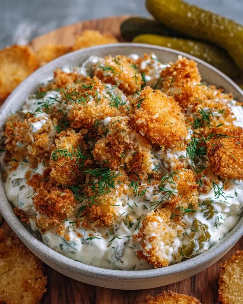Creamy Fried Pickle Ranch Dip served with crispy chips