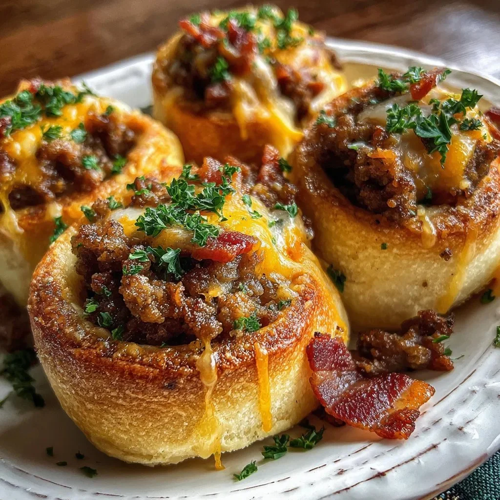 Garlic butter bacon cheeseburger rollups on a plate garnished with herbs