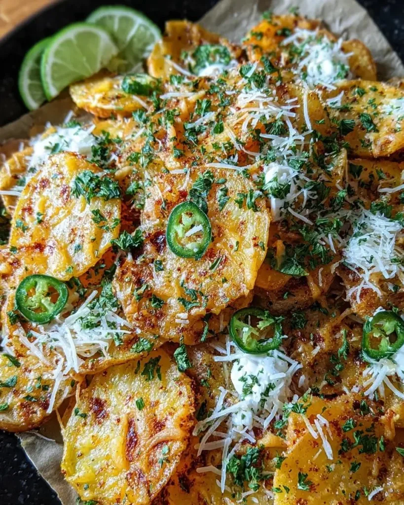 Delicious Garlic Parmesan Potato Nachos topped with cheese and herbs