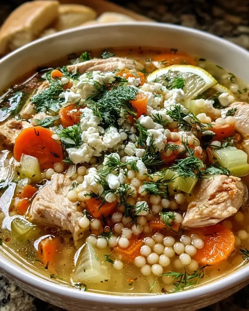 Bowl of Greek Chicken Soup with pearl couscous and fresh herbs topping.